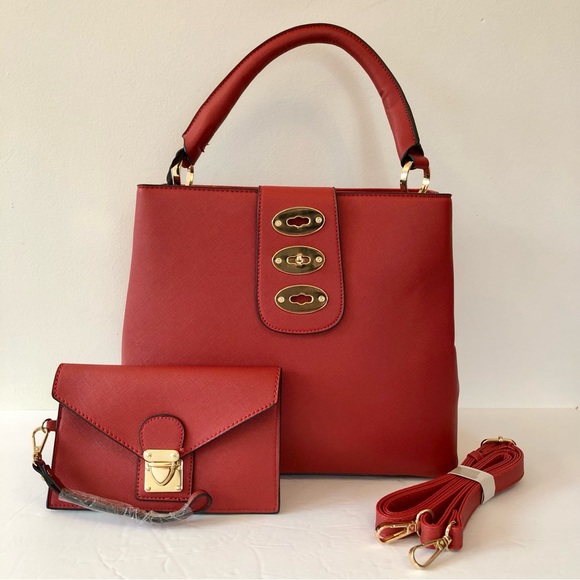 NWT Deluxity Los Angeles Red Structured Satchel with Matching Wristlet - Picture 1 of 16